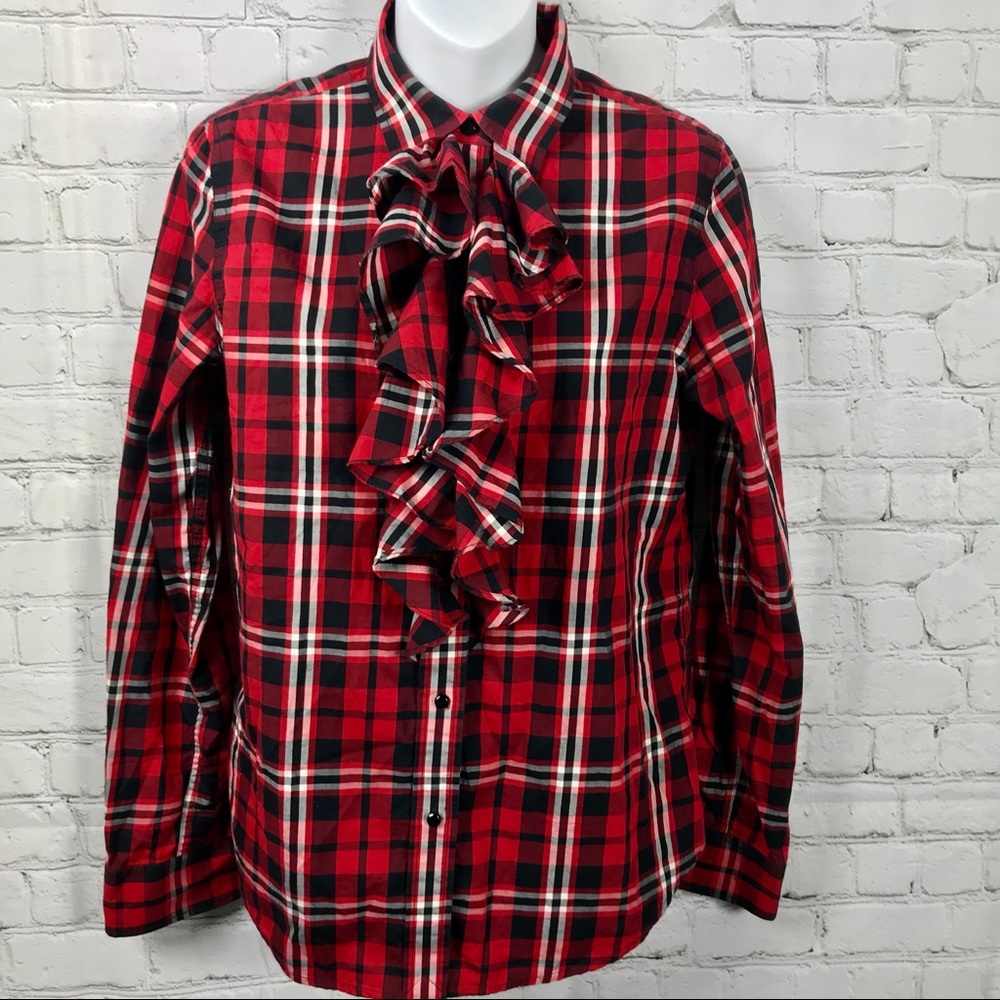 Lauren RL Plaid Holiday Button Down Ruffle Shirt